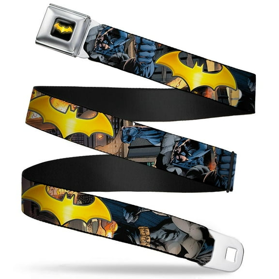 DC Comics Belt, Seatbelt Buckle Belt, Bat Shield Urban Legend Poses Fire Full Color Golden Yellow, 30 to 44 Inches