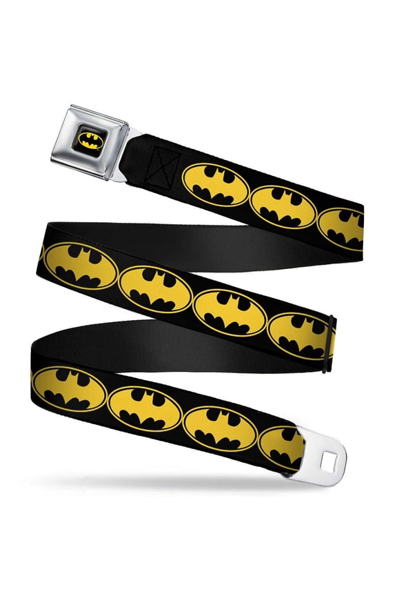DC Comics Belt, Seatbelt Buckle Belt, Bat Signal Black Yellow Black, 34 to 52 Inches