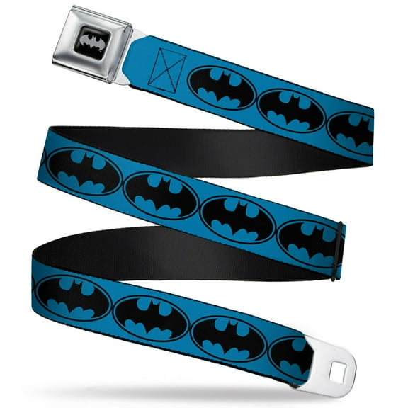 DC Comics Belt, Seatbelt Buckle Belt, Bat Signal Blue Black Blue, Youth 22 to 32 Inches