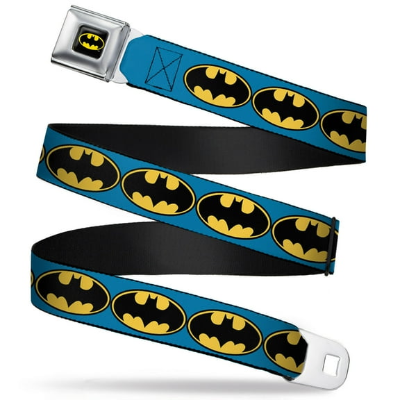 DC Comics Belt, Seatbelt Buckle Belt, Bat Signal Blue Black Yellow, 34 to 52 Inches