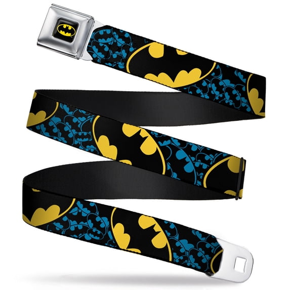 DC Comics Belt, Seatbelt Buckle Belt, Bat Signals Stacked Close Up Blue Black Yellow, Youth 22 to 32 Inches