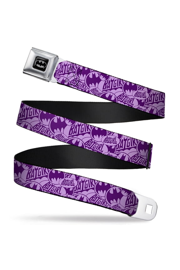 DC Comics Belt, Seatbelt Buckle Belt, Batgirl Logo Bat Signal Stacked Purples, 30 to 44 Inches