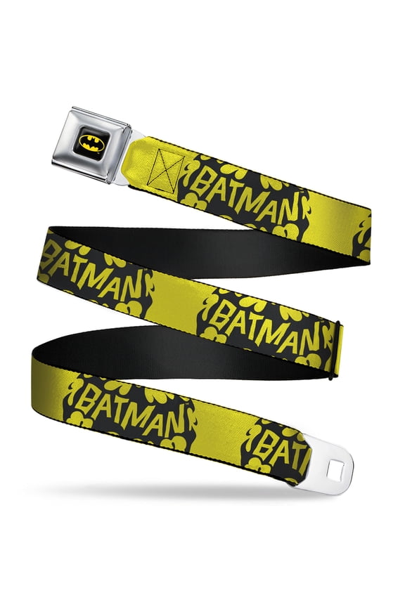 DC Comics Belt, Seatbelt Buckle Belt, Batman Bat Signal Text Yellow Black, 30 to 44 Inches