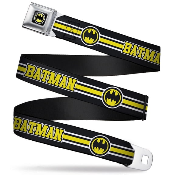 DC Comics Seatbelt Buckle Belt, Batman Bat Signal Triple Stripe Black White Yellow, Youth 22 to 32 Inches