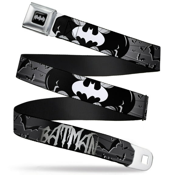 DC Comics Belt, Seatbelt Buckle Belt, Batman Bat Signals Flying Bats Black White, 30 to 44 Inches