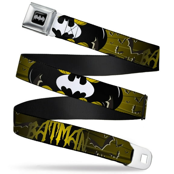 DC Comics Belt, Seatbelt Buckle Belt, Batman Bat Signals Flying Bats Yellow Black White, 30 to 44 Inches