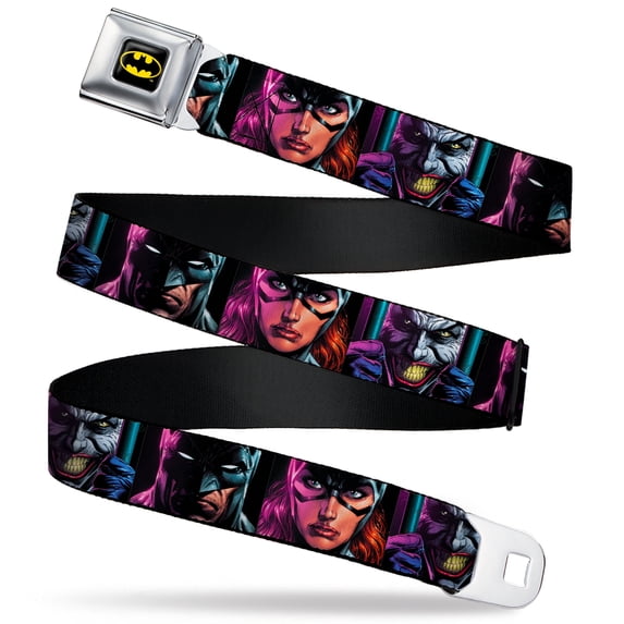 DC Comics, Seatbelt Buckle Belt, Batman Batgirl and Joker Comic Book Face Close Ups Black, Youth 22 to 32 Inches