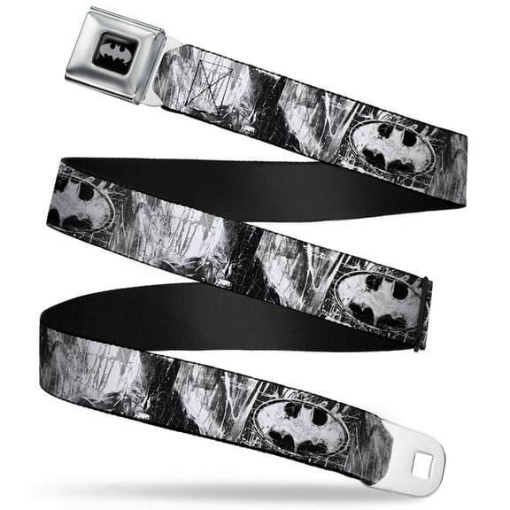 DC Comics Belt, Seatbelt Buckle Belt, Batman Face Bat Shield Sketch White Black, Youth 22 to 32 Inches