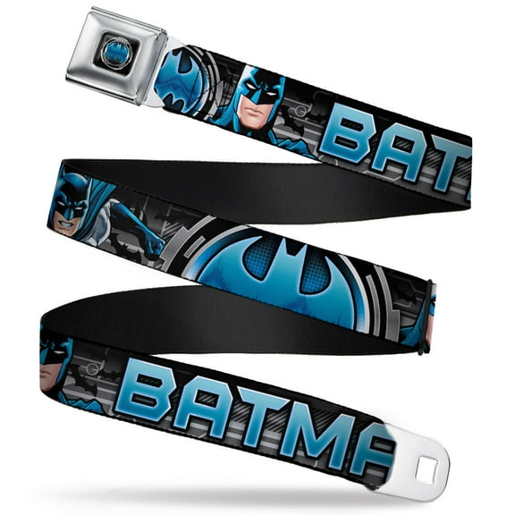 DC Comics Belt, Seatbelt Buckle Belt, Batman Poses Bat Signal Close Up Black Grays Blues, 30 to 44 Inches
