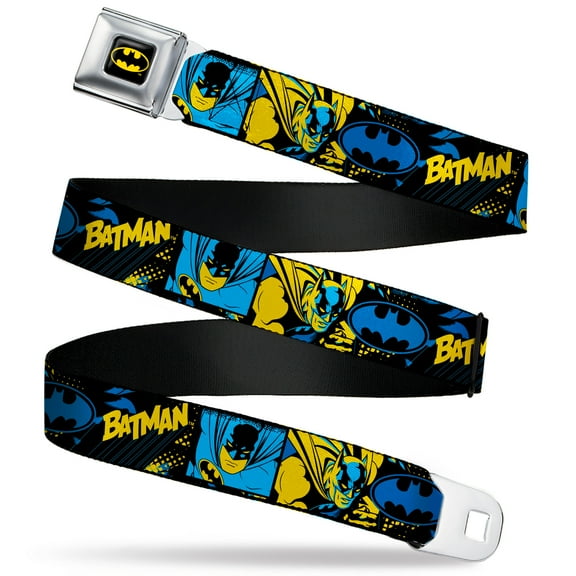 DC Comics Belt, Seatbelt Buckle Belt, Batman Poses and Logo Collage Black Blue Yellow, 30 to 44 Inches
