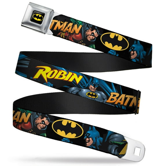DC Comics Belt, Seatbelt Buckle Belt, Batman Robin In Action Text Black, Youth 22 to 32 Inches