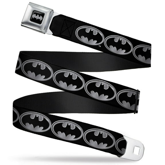 DC Comics Belt, Seatbelt Buckle Belt, Batman Shield Black Silver, Youth 22 to 32 Inches