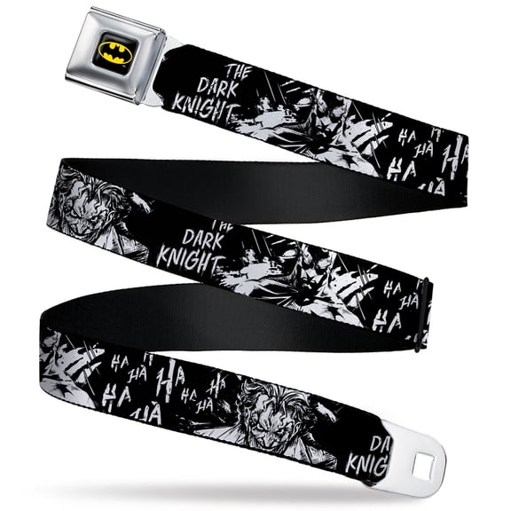 DC Comics, Seatbelt Buckle Belt, Batman The Dark Knight and Joker Smiling Close Up Black, 34 to 52 Inches