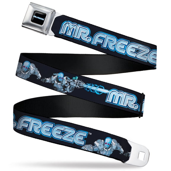 DC Comics Belt, Seatbelt Buckle Belt, Batman Villain Mr Freeze Poses and Title Logo Black Blues, 34 to 52 Inches