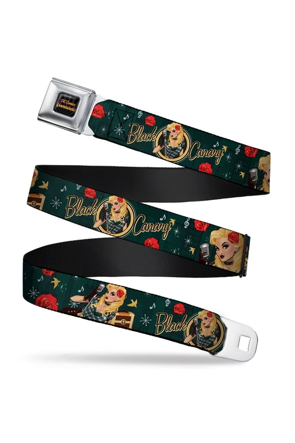 DC Comics Belt, Seatbelt Buckle Belt, Black Canary Bombshell Pose Roses Greens Reds Yellow, 30 to 44 Inches