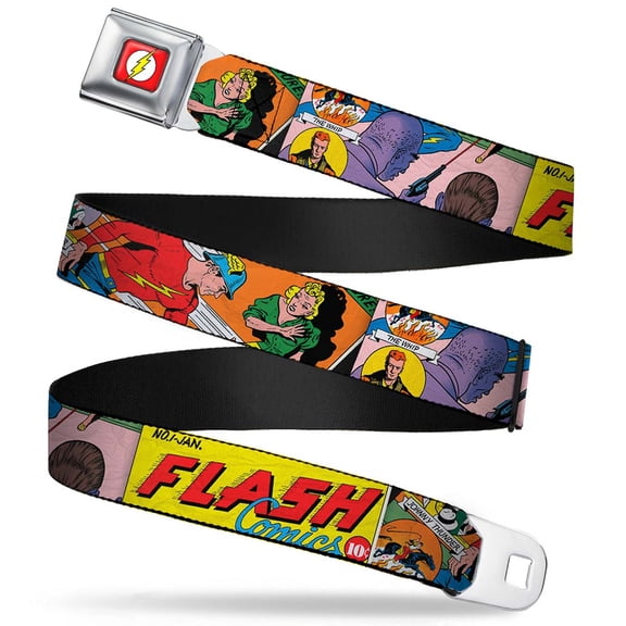 DC Comics Belt, Seatbelt Buckle Belt, Classic Flash Comics Issue Introducing Flash Cover Pose, 30 to 44 Inches