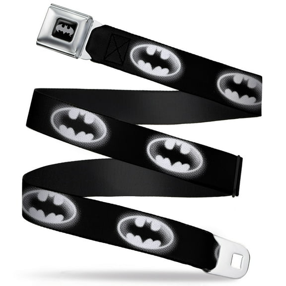 DC Comics Belt, Seatbelt Buckle Belt, Cloudy Bat Signal Black White, 30 to 44 Inches