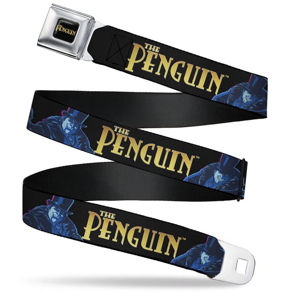DC Comics Belt, Seatbelt Buckle Belt, DC Batman Villain the Penguin Poses and Title Logo Black, 30 to 44 Inches
