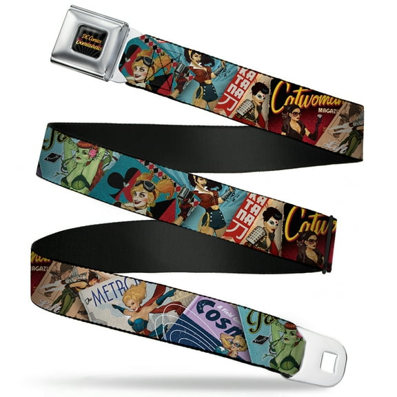 DC Comics Belt, Seatbelt Buckle Belt, DC Bombshell Comic Book Covers Stacked, 24 to 38 Inches