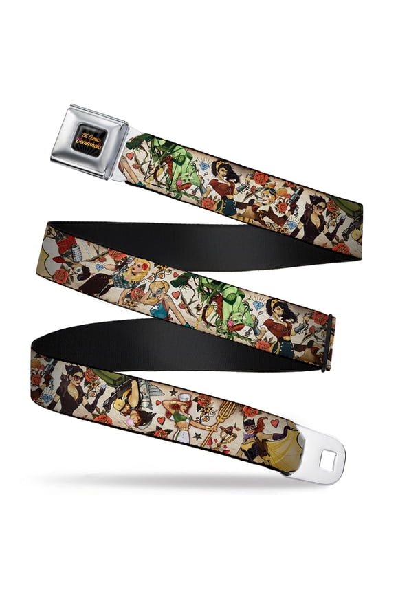 DC Comics Belt, Seatbelt Buckle Belt, DC Bombshells Traditional Tattoos Scattered Tan, 24 to 38 Inches