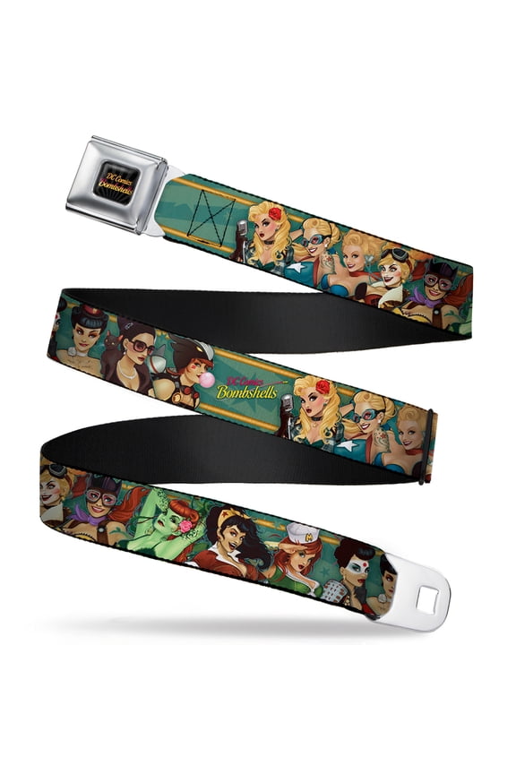 DC Comics Belt, Seatbelt Buckle Belt, DC Comics Bombshells Pose Rays Stars Blues Pink Yellow, 24 to 38 Inches