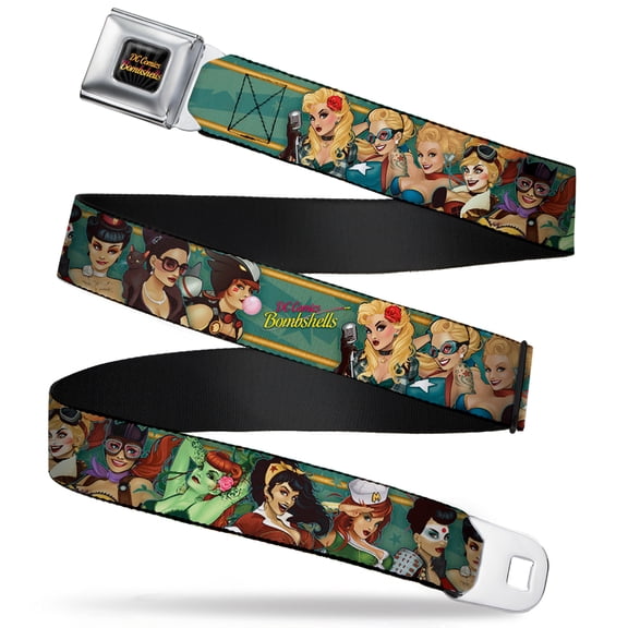 DC Comics Belt, Seatbelt Buckle Belt, DC Comics Bombshells Pose Rays Stars Blues Pink Yellow, 32 to 52 Inches