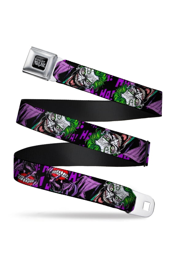 DC Comics Belt, Seatbelt Buckle Belt, DC Joker Holding Teeth Issue 23.1 Cover Ha Ha Ha Black Purple, 34 to 52 Inches