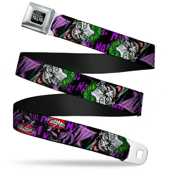 DC Comics Belt, Seatbelt Buckle Belt, DC Joker Holding Teeth Issue 23.1 Cover Ha Ha Ha Black Purple, Youth 22 to 32 Inches