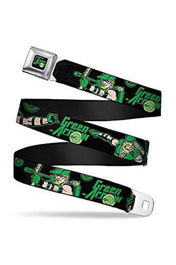 DC Comics Belt, Seatbelt Buckle Belt, Green Arrow Action Poses Targets Black Greens, 24 to 38 Inches