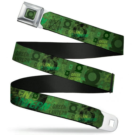 DC Comics Belt, Seatbelt Buckle Belt, Green Lantern Logo Collage Weathered Greens, 34 to 52 Inches
