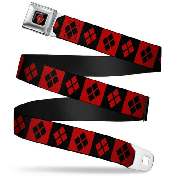 DC Comics Belt, Seatbelt Buckle Belt, Harley Quinn Diamond Blocks Red Black Red, 34 to 52 Inches