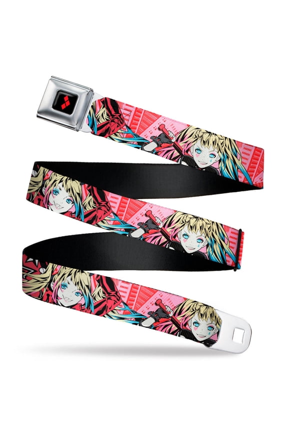 DC Comics Belt, Seatbelt Buckle Belt, Harley Quinn Puddin Poses Anime Graphics Pink Red, Youth 22 to 32 Inches