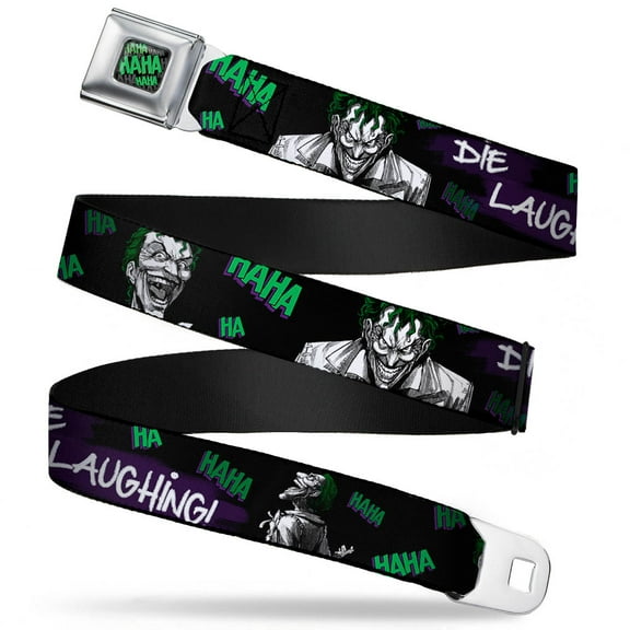 DC Comics Belt, Seatbelt Buckle Belt, Joker Die Laughing Haha Black Purple Green, 34 to 52 Inches