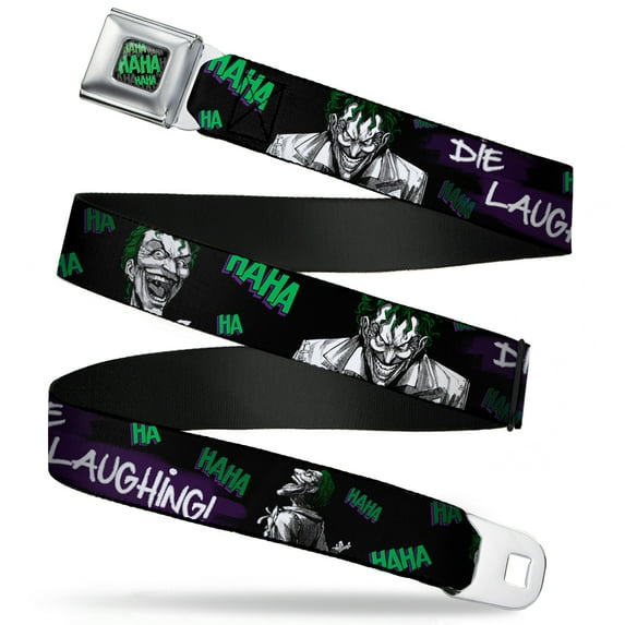 DC Comics Belt, Seatbelt Buckle Belt, Joker Die Laughing Haha Black Purple Green, Youth 22 to 32 Inches