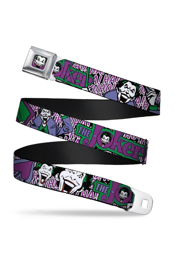 DC Comics Belt, Seatbelt Buckle Belt, Joker Face Logo Spades Black White Purple, 30 to 44 Inches