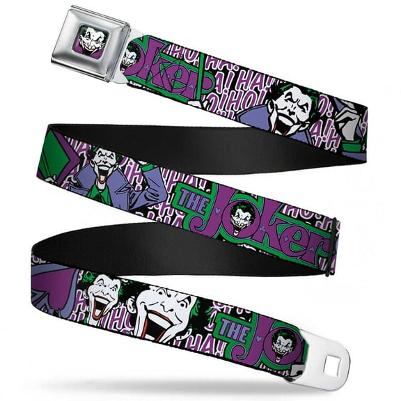 DC Comics Belt, Seatbelt Buckle Belt, Joker Face Logo Spades Black White Purple, 32 to 52 Inches