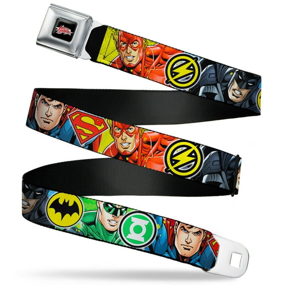 DC Comics Belt, Seatbelt Buckle Belt, Justice League Superhero Close Up Poses Logos, 30 to 44 Inches