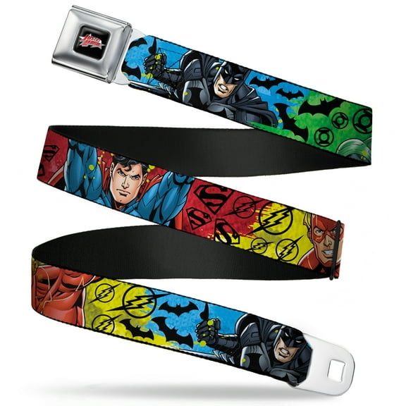DC Comics Belt, Seatbelt Buckle Belt, Justice League Superhero Poses Scattered Logos Multi Color, Youth 22 to 32 Inches