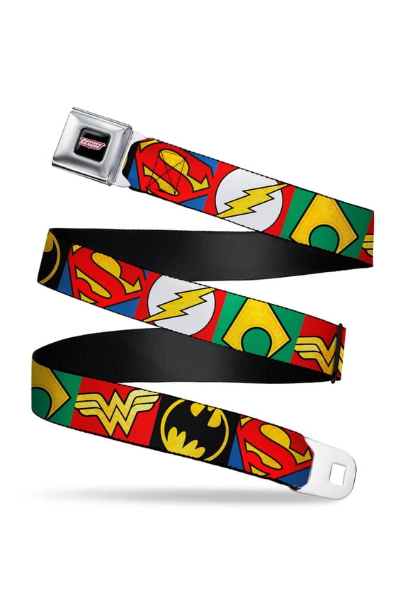 DC Comics Belt, Seatbelt Buckle Belt, Justice League Superhero Textured Logo Close Up Blocks, 24 to 38 Inches