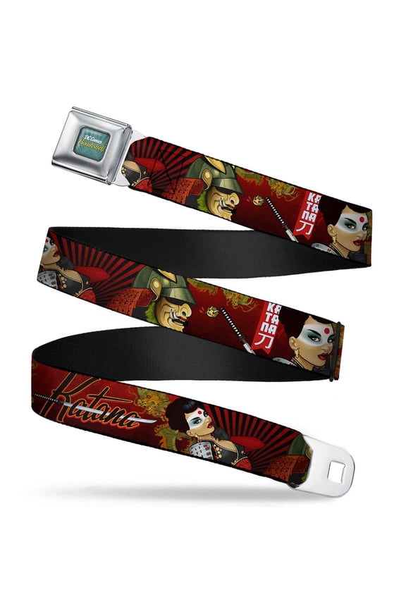 Belt, Seatbelt Buckle Belt, Katana Poses Samurai Dragons Rays Reds Black, 24 to 38 Inches