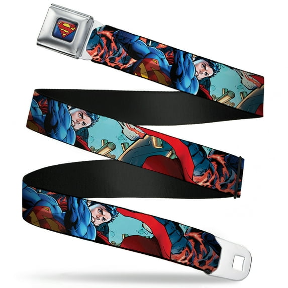DC Comics Belt, Seatbelt Buckle Belt, New 52 Superman 1 Action Pose Explosion Bullets Close Up Blue, Youth 22 to 32 Inches