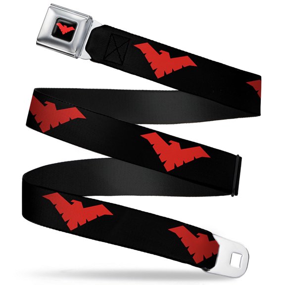 DC Comics Belt, Seatbelt Buckle Belt, Nightwing Logo Black Red, 30 to 44 Inches