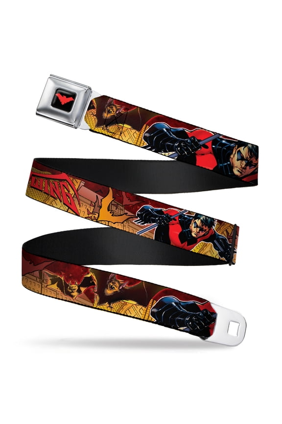 DC Comics Belt, Seatbelt Buckle Belt, Nightwing Poses Bats Welcome to Gotham Comic Book Cover, 30 to 44 Inches