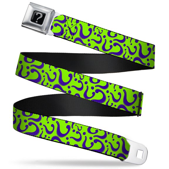 DC Comics Belt, Seatbelt Buckle Belt, Question Mark Scattered Lime Green Purple, 34 to 52 Inches