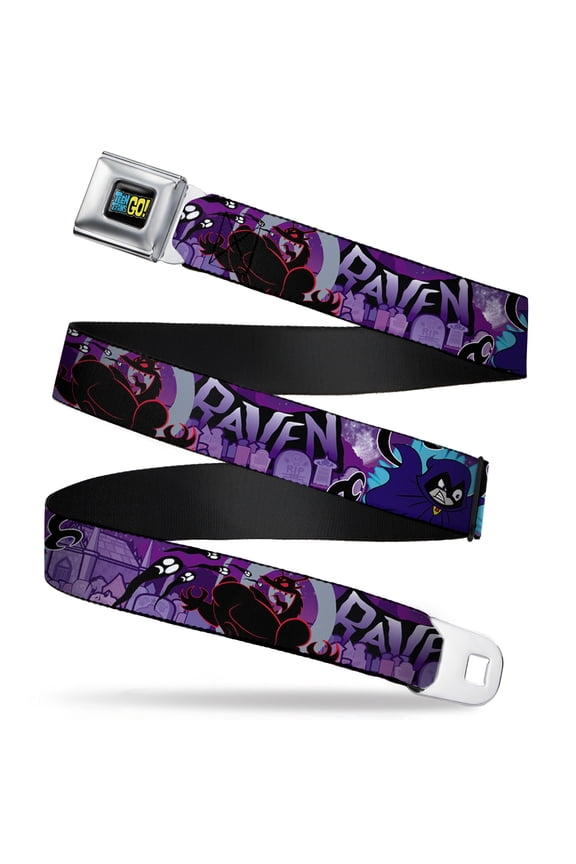 DC Comics Belt, Seatbelt Buckle Belt, Raven Trigon Ghosts Cemetery Poses Purples, 34 to 52 Inches