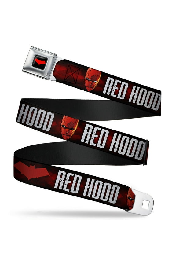 DC Comics Belt, Seatbelt Buckle Belt, Red Hood Face Logo Weathered Black Reds White, 30 to 44 Inches