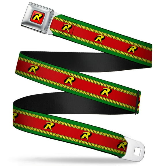 DC Comics Belt, Seatbelt Buckle Belt, Robin R Logo Stripe Green Yellow Red Black, Youth 22 to 32 Inches