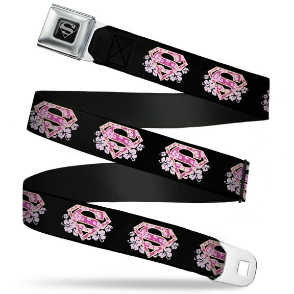 DC Comics Belt, Seatbelt Buckle Belt, Super Shield Hibiscus Design Black Pink, 34 to 52 Inches