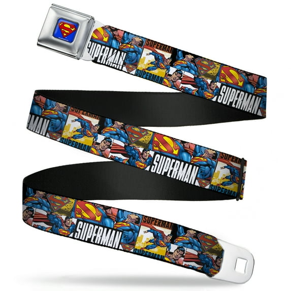 DC Comics Belt, Seatbelt Buckle Belt, Superman Action Blocks White, Youth 22 to 32 Inches