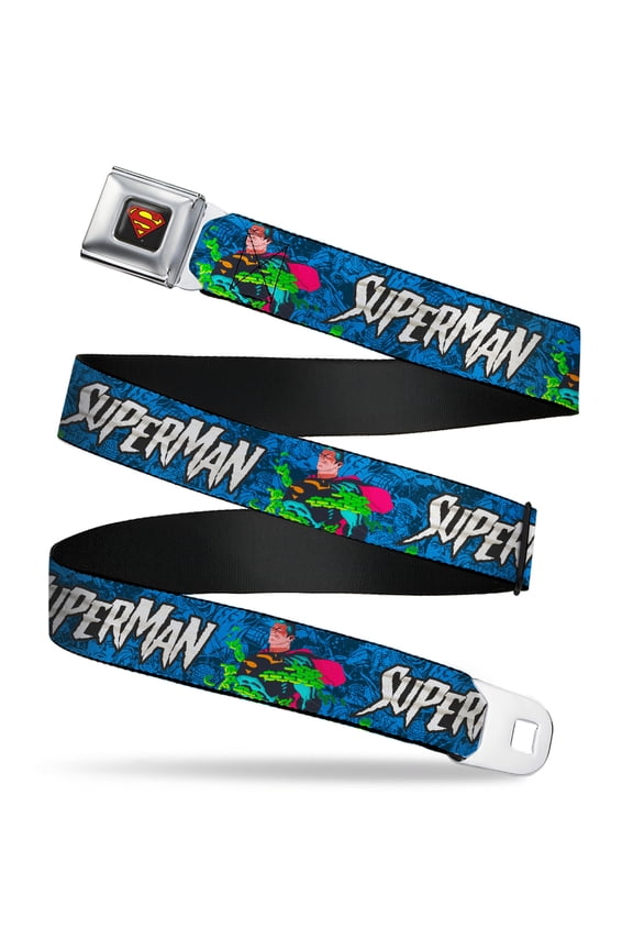DC Comics Belt, Seatbelt Buckle Belt, Superman Breaking Chains Force For Good Pose and Text Blues, Youth 22 to 32 Inches